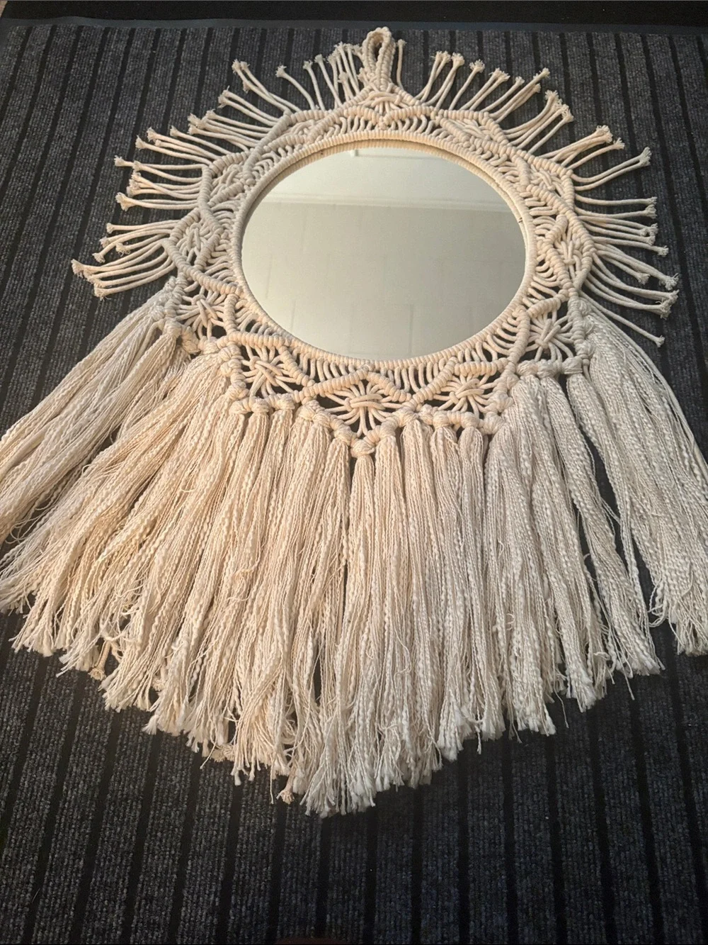 Boho Macramé Fringe Round Wall Mirror - Cream